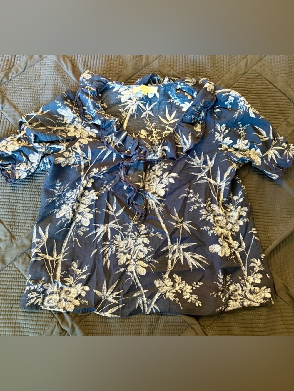 LOFT Navy Blue Floral Ruffle Tie Neck Blouse